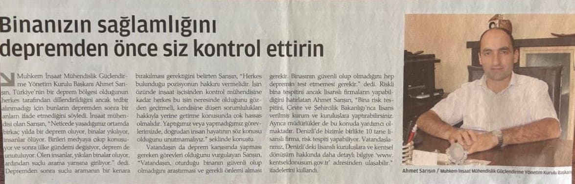 Bina güvenliği ve risk tespiti konulu gazete röportajı küpürü